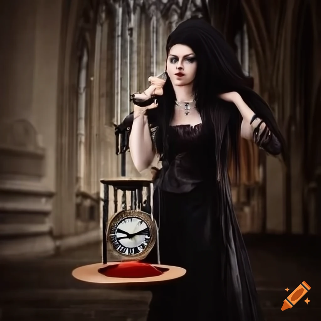 gothic woman holding a sand clock in a cathedral