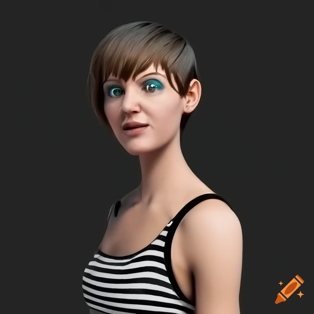 studio portrait of a young woman with short brown hair and turquoise eyes