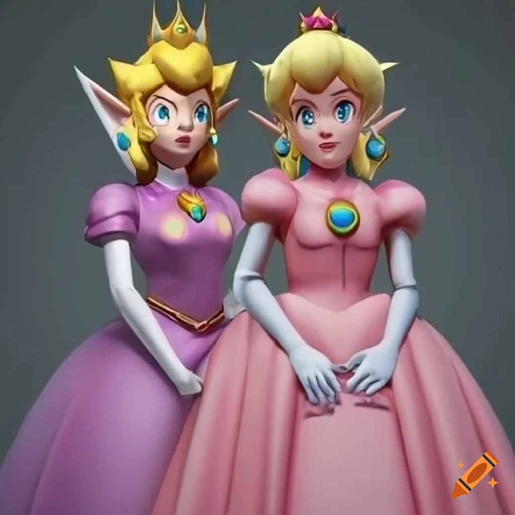 Princess peach and link posing together in pink silk ballgowns on Craiyon