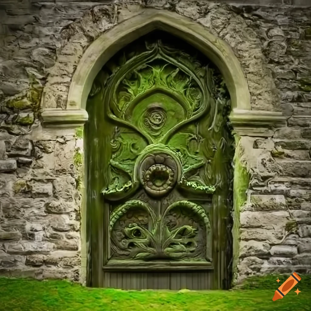 Moss-covered baroque door with pineapple engraving