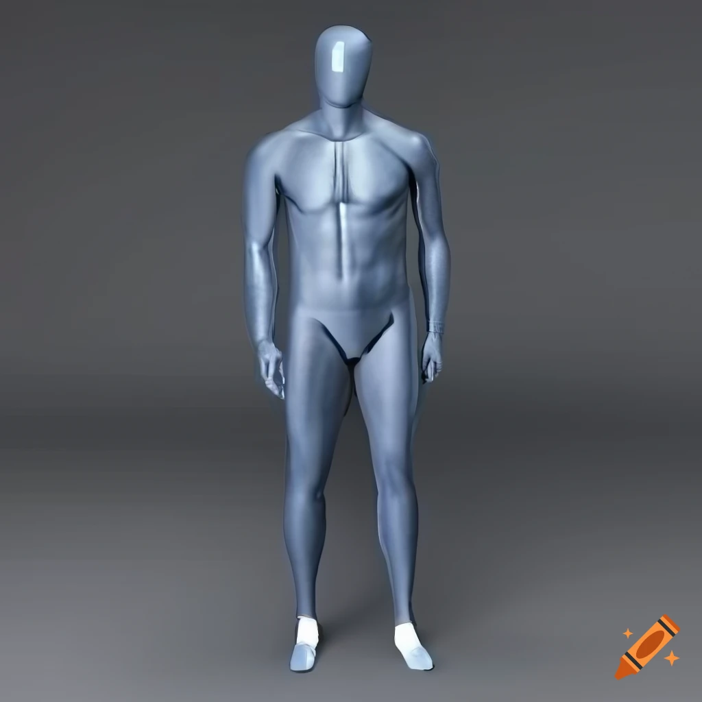front view of a futuristic bluish-grey male mannequin