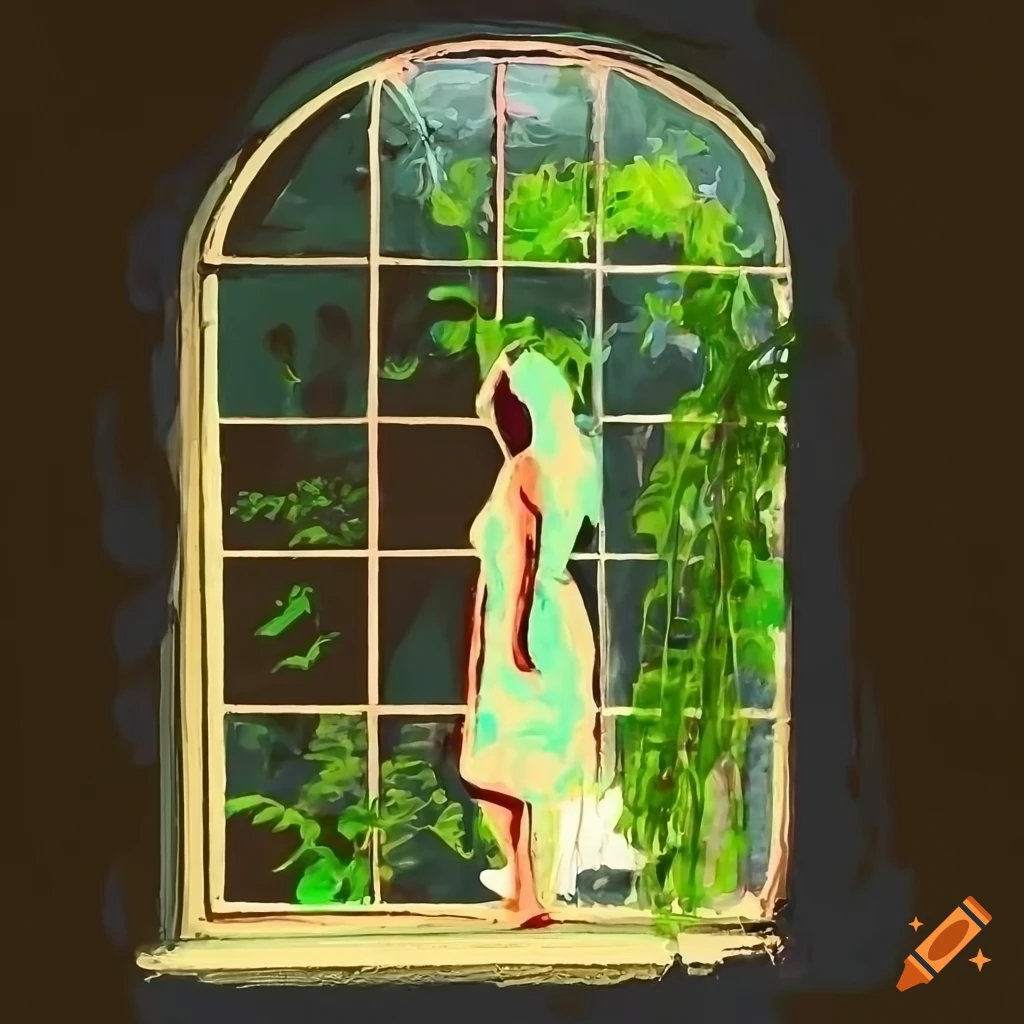 colorful watercolor of a woman looking through a bay window in a greenhouse