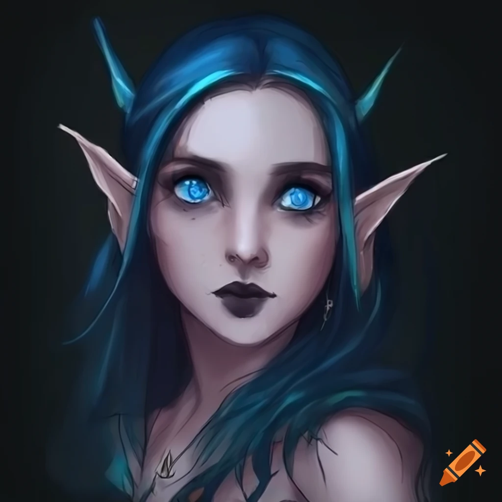 Female Elf With Blue Eyes And Black Hair In A Magical Forest On Craiyon 