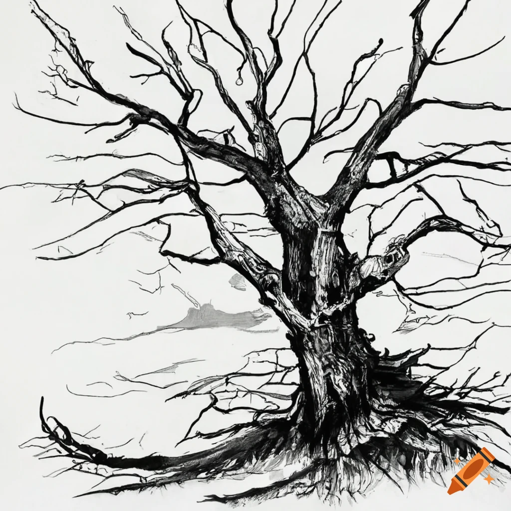 Black And White Ink Drawing Of A Split Dead Tree On Craiyon