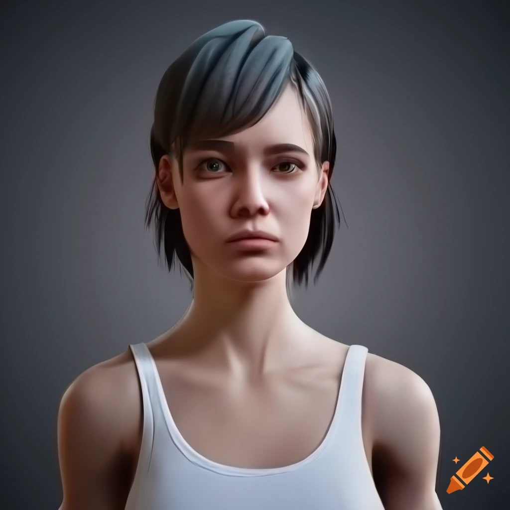 pixar-style portrait of a young woman with a sad smile