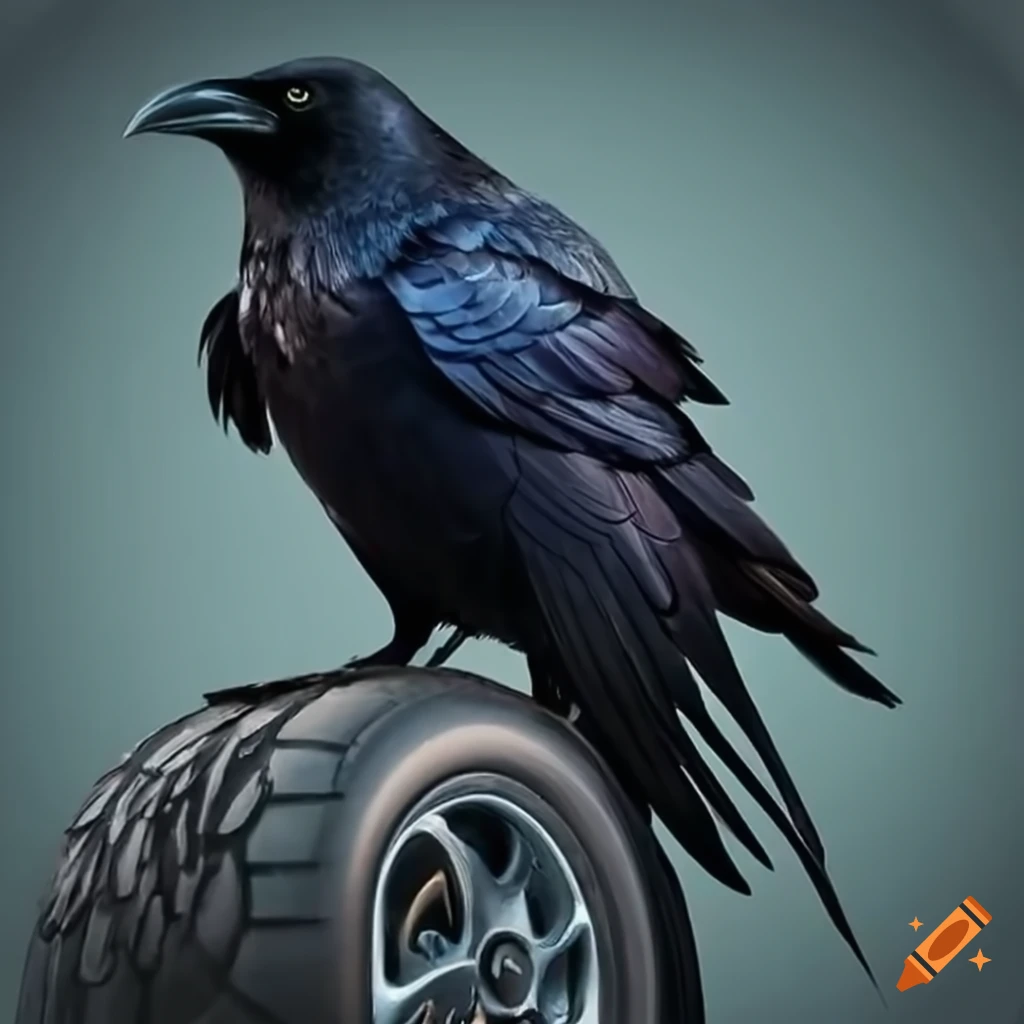 raven perched on car's wheels