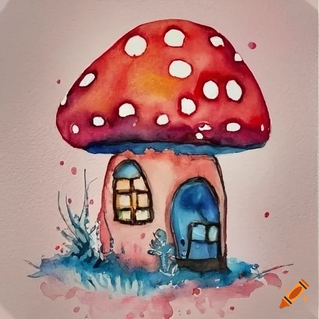 Watercolor painting of a cute mushroom house