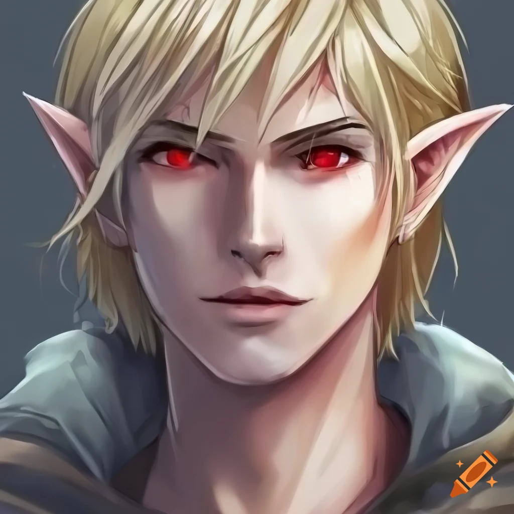 Image Of An Anime Male Elf With Blonde Hair And Red Eyes 
