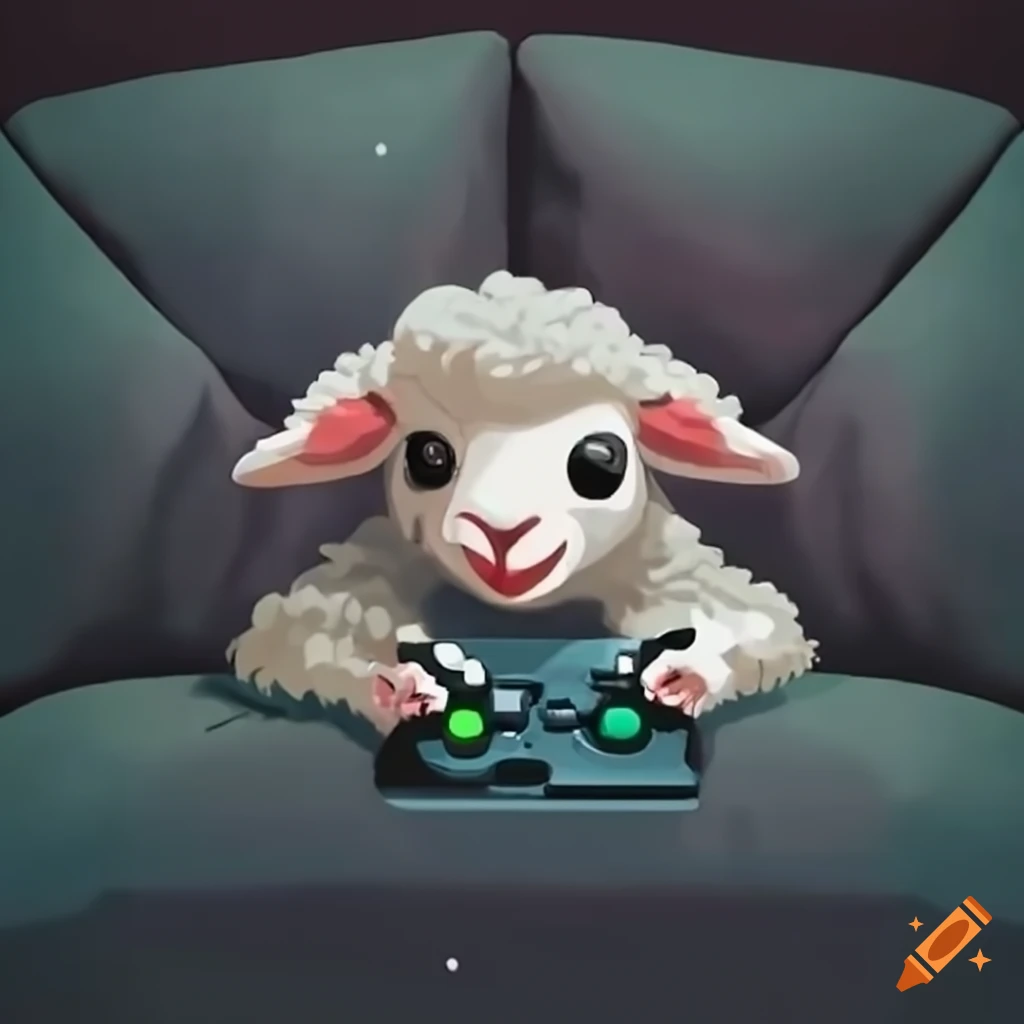 Cute lamb playing video games on the couch on Craiyon