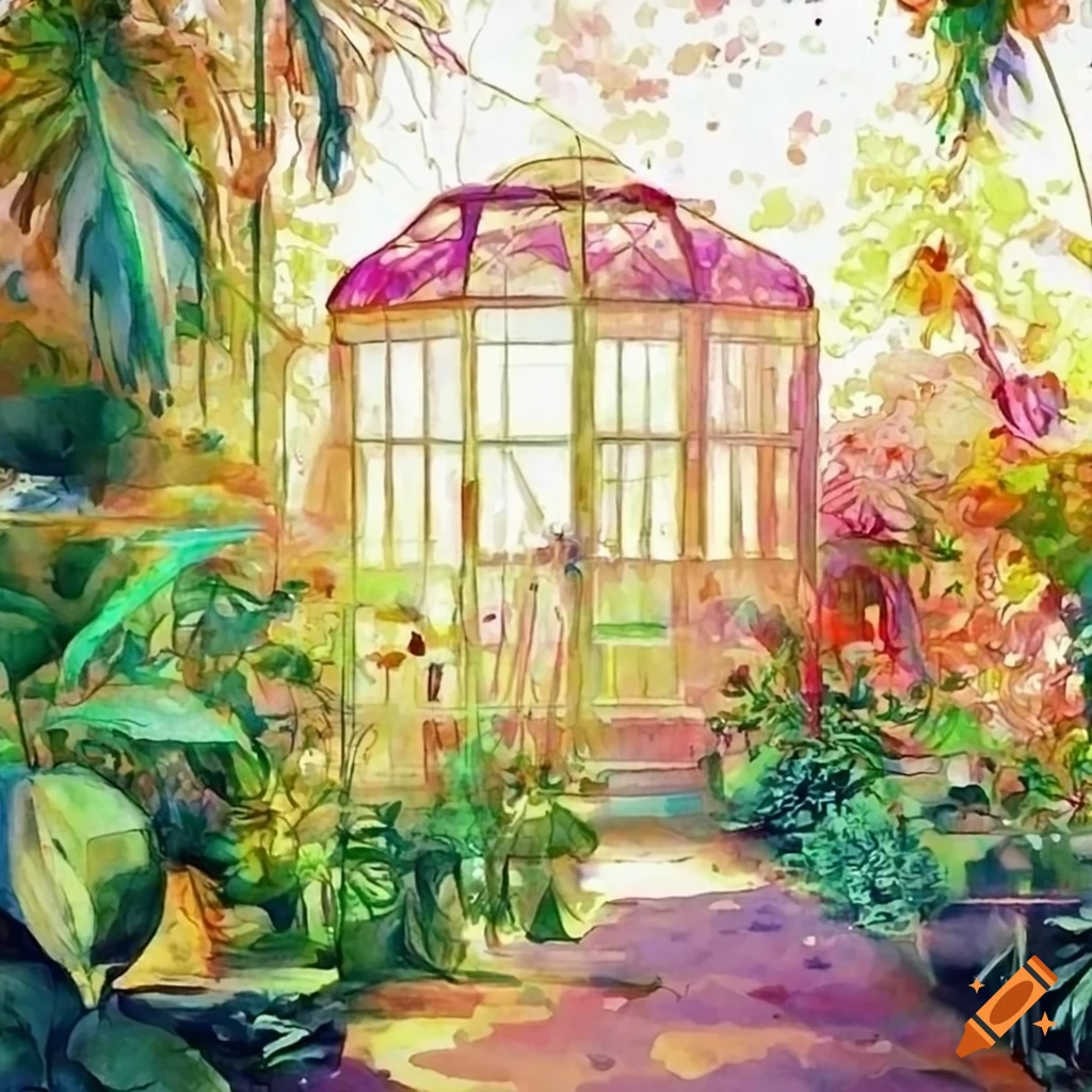 watercolor of a vibrant victorian greenhouse