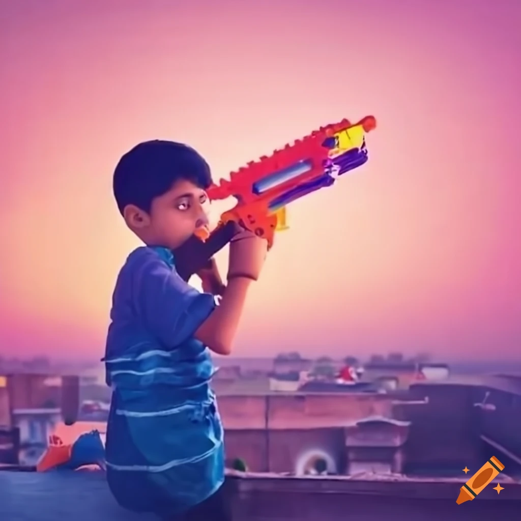 kids playing with nerf gun on rooftop with homemade aircraft