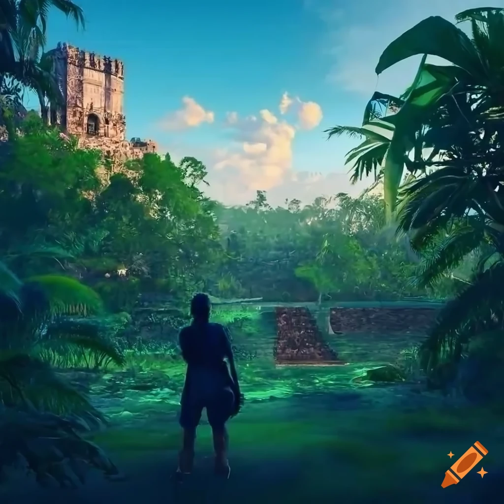 digital art of a Spanish conquistador outside a sixteenth-century fort in Mexico