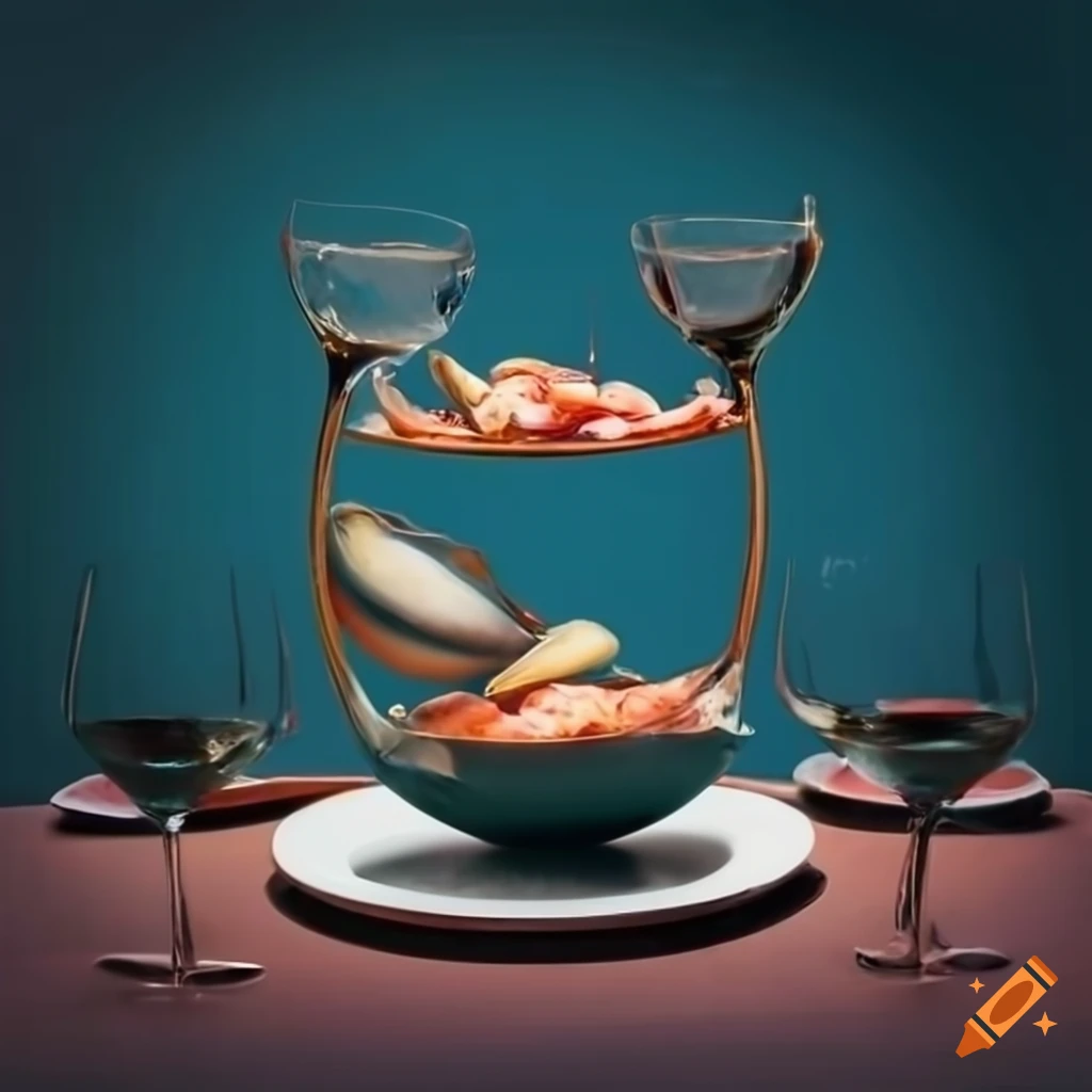 surrealist pastries on a table with wine glasses and fish in a wine glass