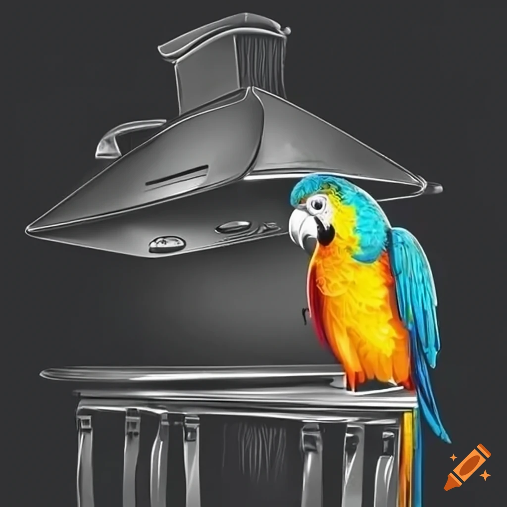 parrot sitting under a cooker hood on a table