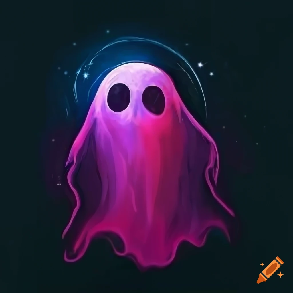 Neon drawing of a ghost on top of the moon