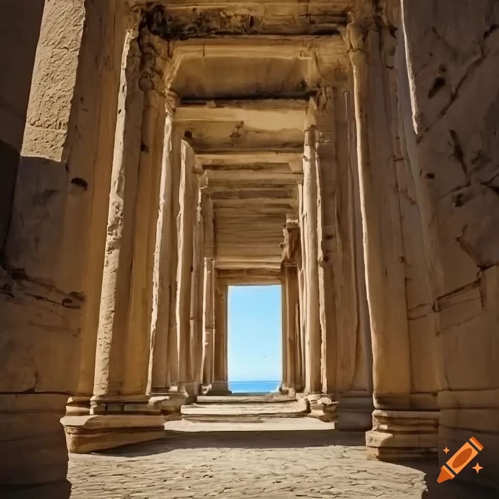 Interior view of roman colonnade in a stormy desert on Craiyon