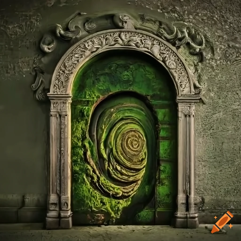 Baroque moss-covered door with bas-relief spiral