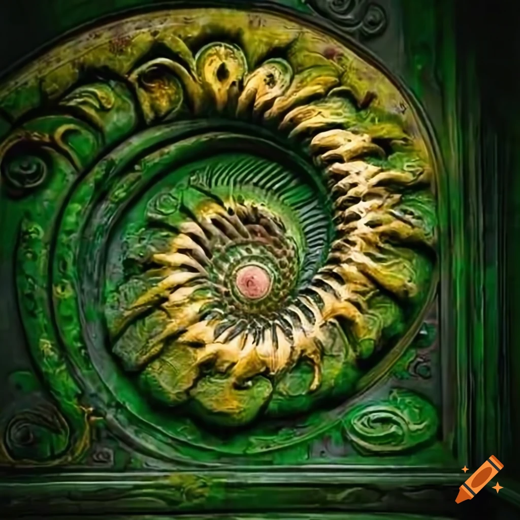 baroque door with pineapple spiral in Da Vinci fresco style
