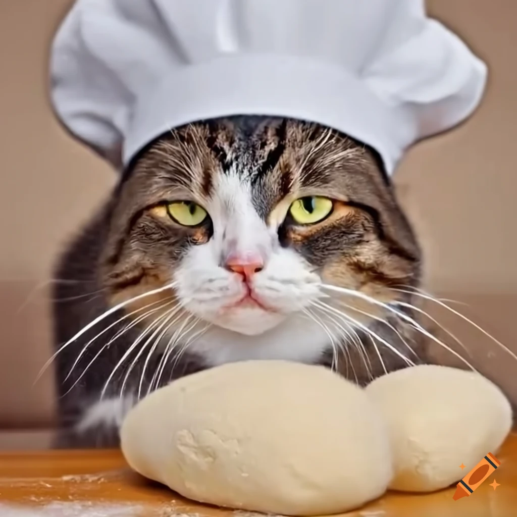 Funny fat cat wearing chef hat and kneading dough on Craiyon