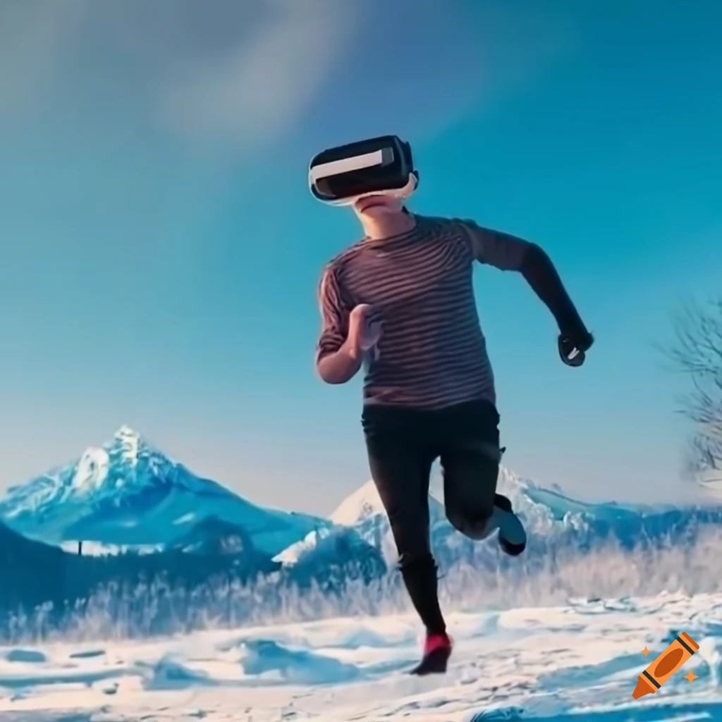 Runner wearing vr glasses in snowy mountains with a blue fox on Craiyon