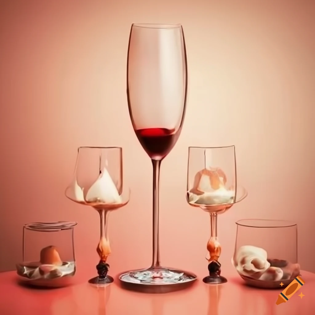 surrealistic pastries on a table with wine glasses