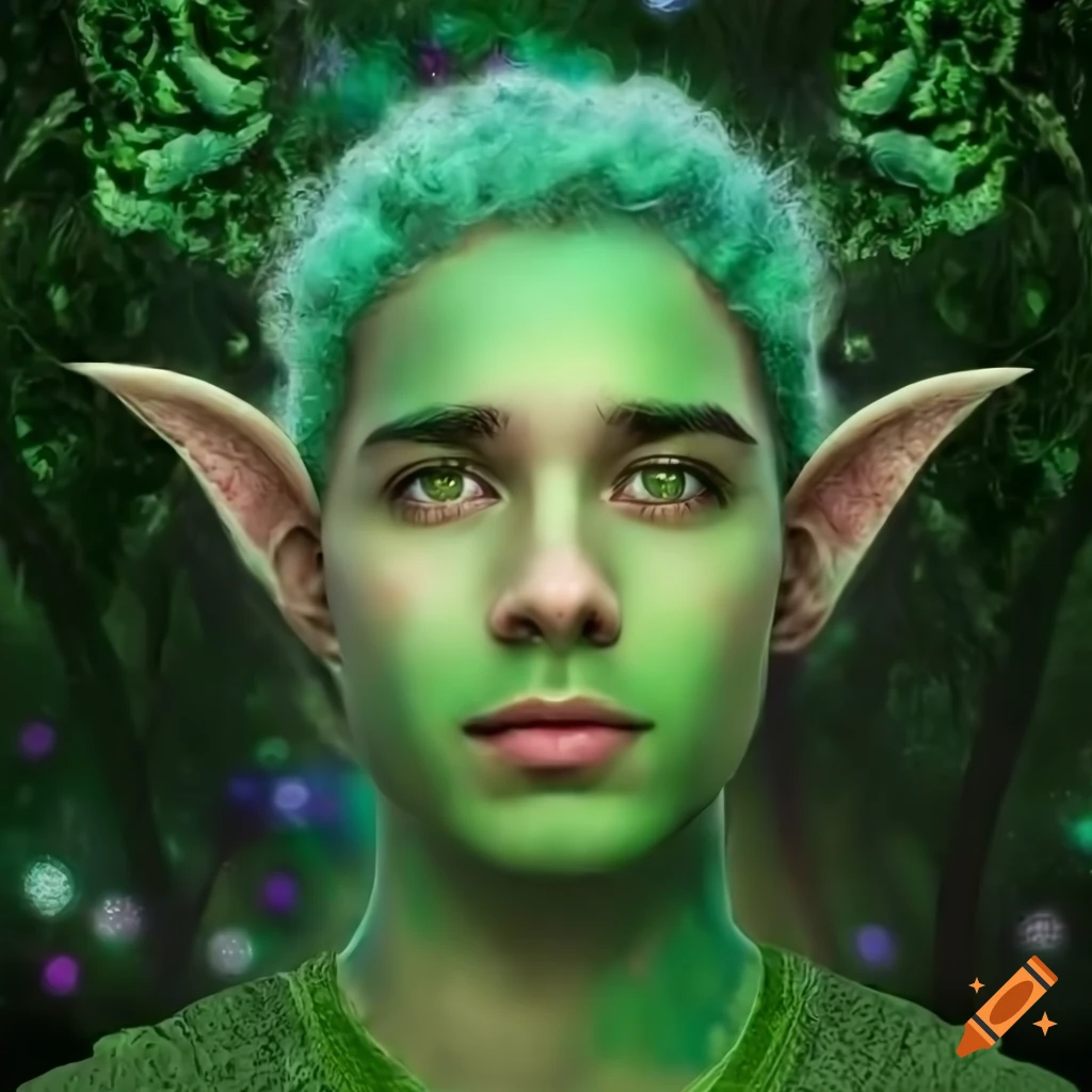 Portrait of a young man with green skin in an enchanted forest on Craiyon