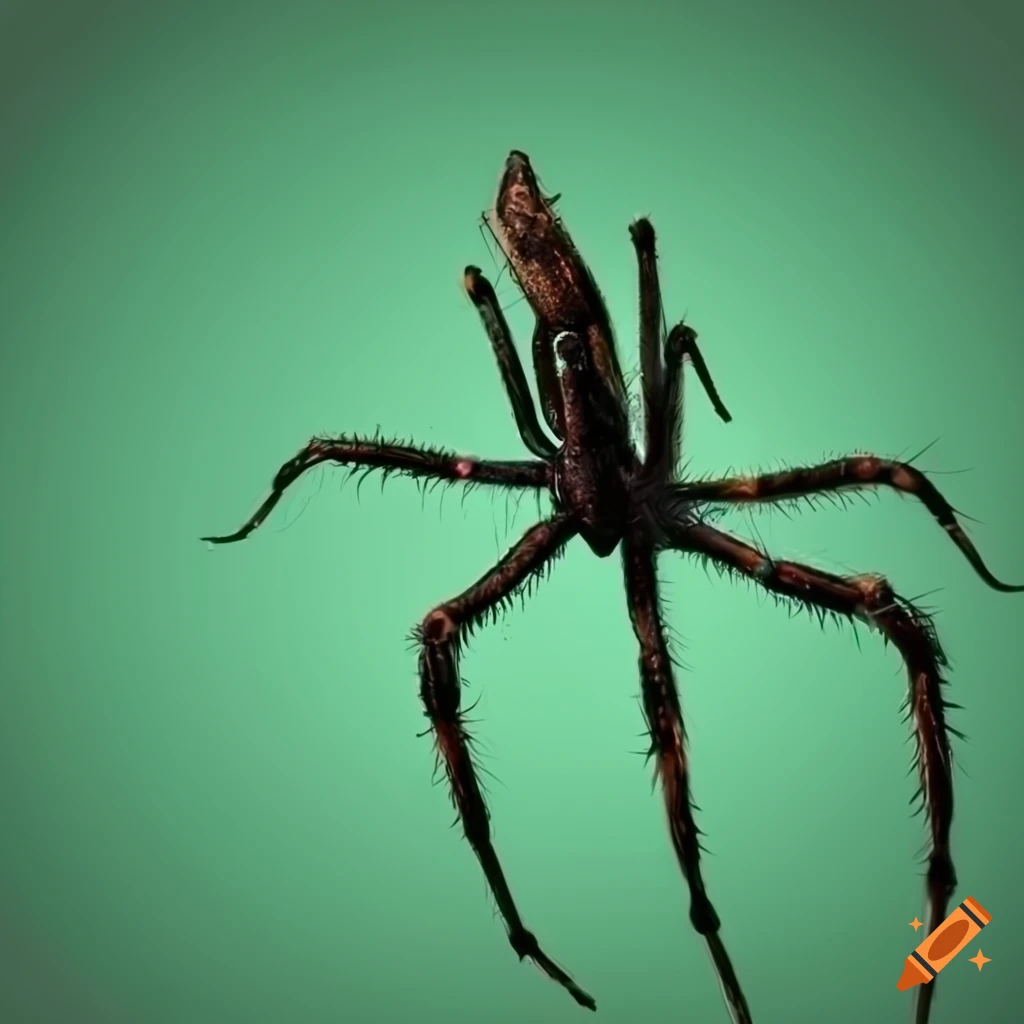 Large Spider Hangs Down On The Fishing Line. A Chrome-plated Spider With  Outstretched Legs On A Dark Background. Two Strands Of Fine Web Are Visible  Between The Upper Legs. In The Background