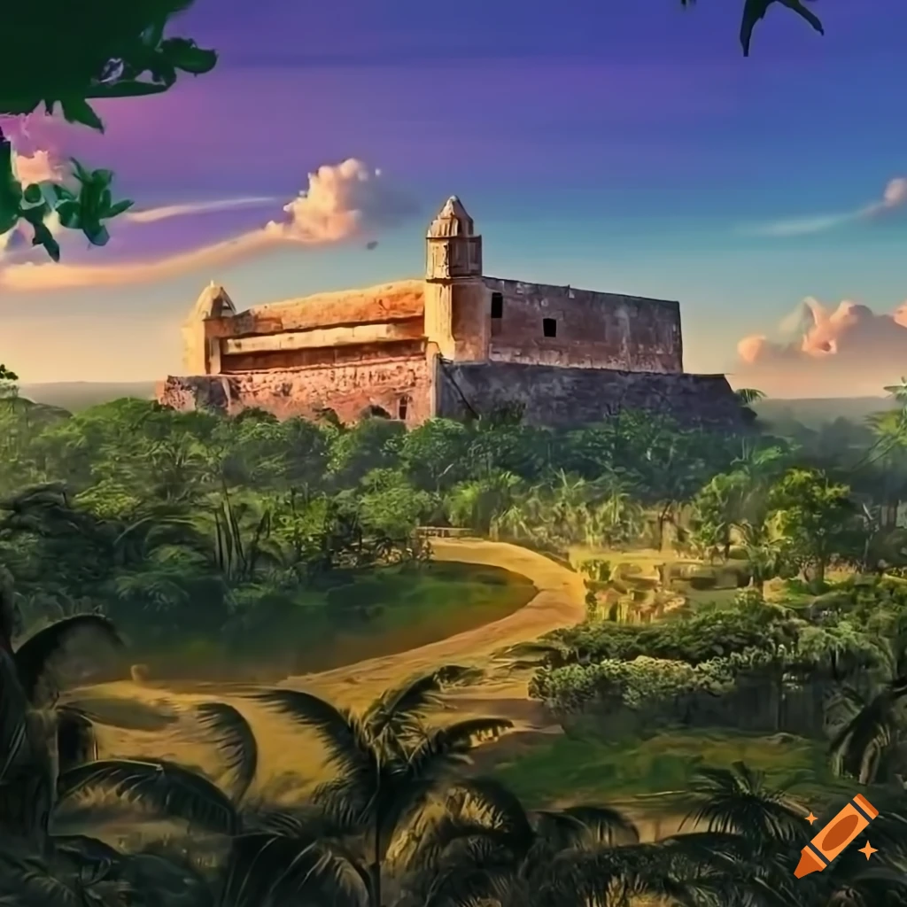 digital art of a Spanish conquistador in front of a fort in Mexico