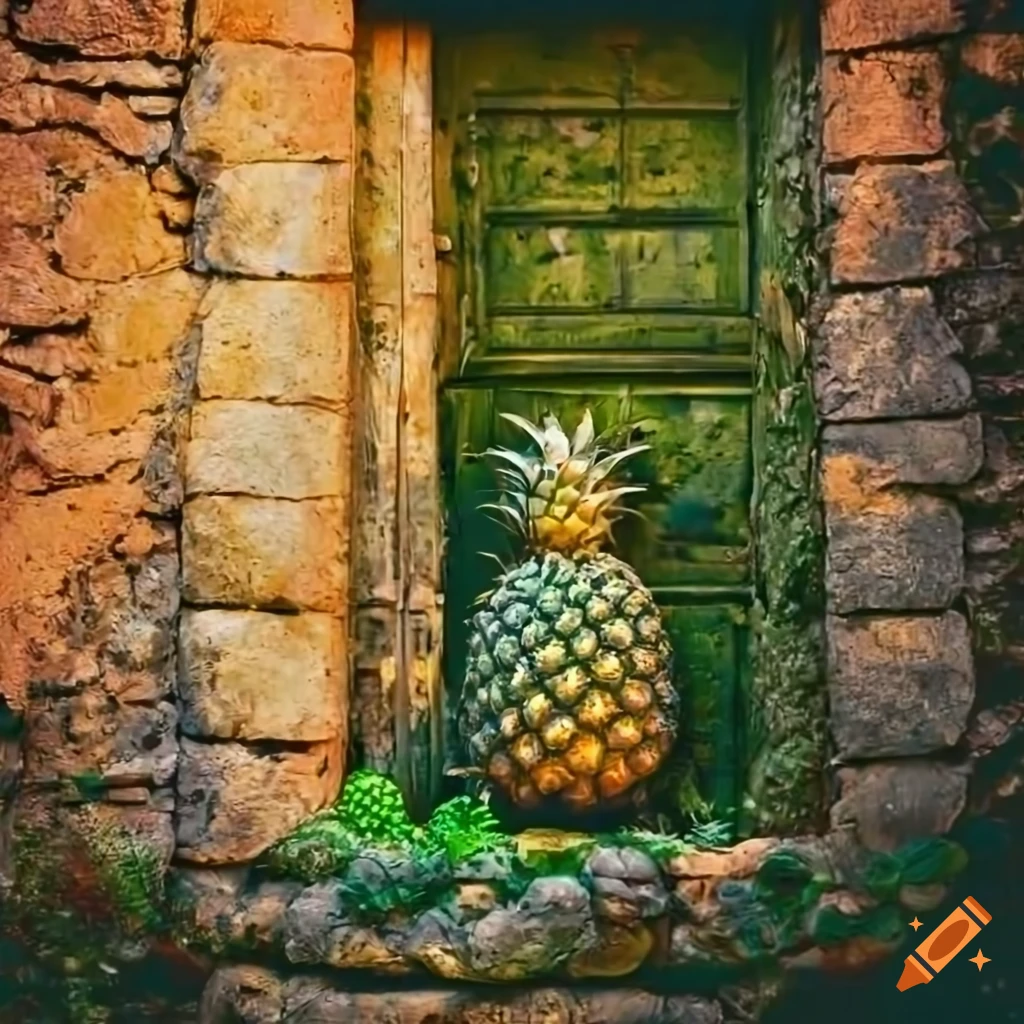 view of a garden bed through a moss-covered stone door