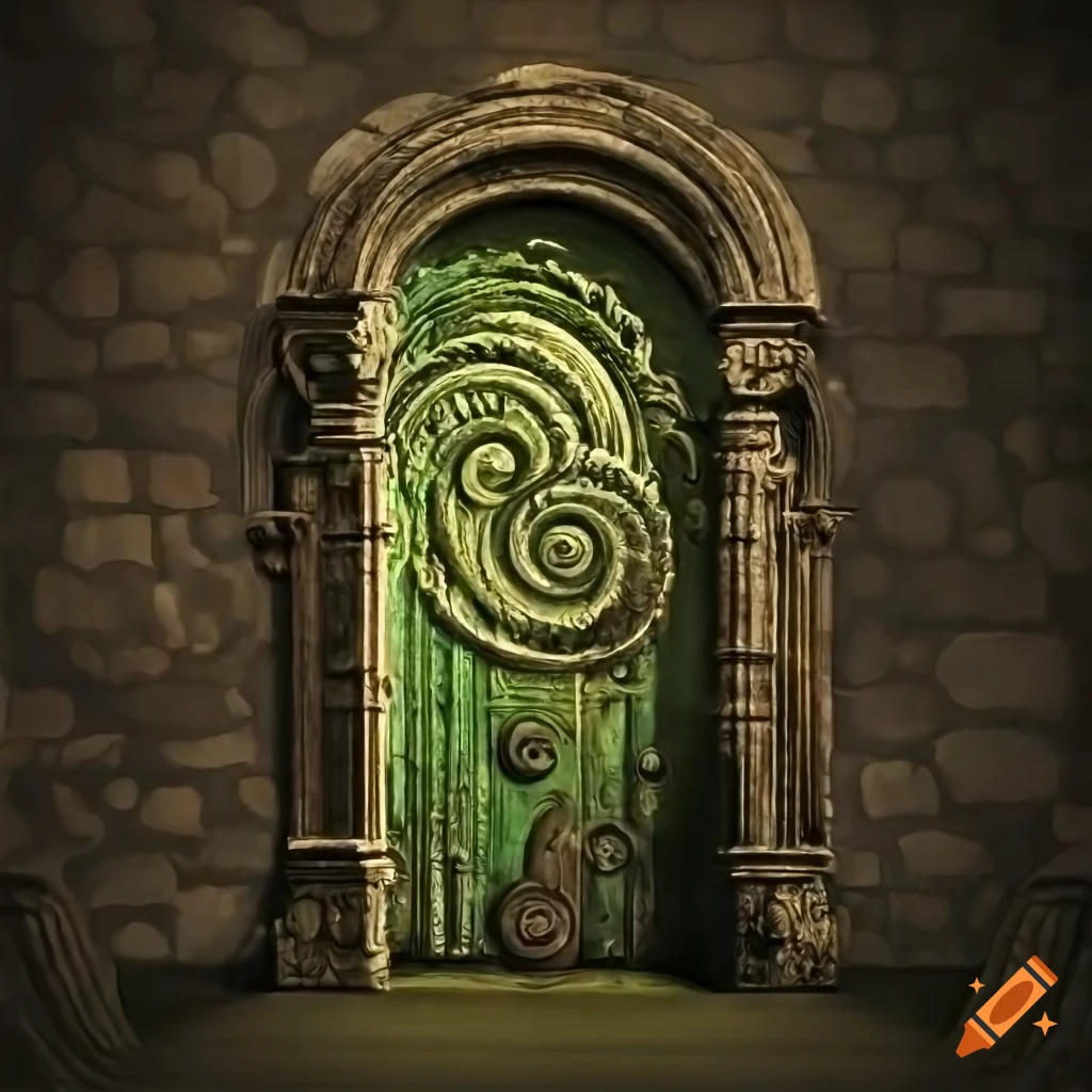 baroque moss-covered door with engraved spiral galaxy