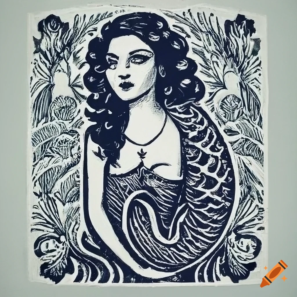 Linocut print of a full body mermaid on Craiyon