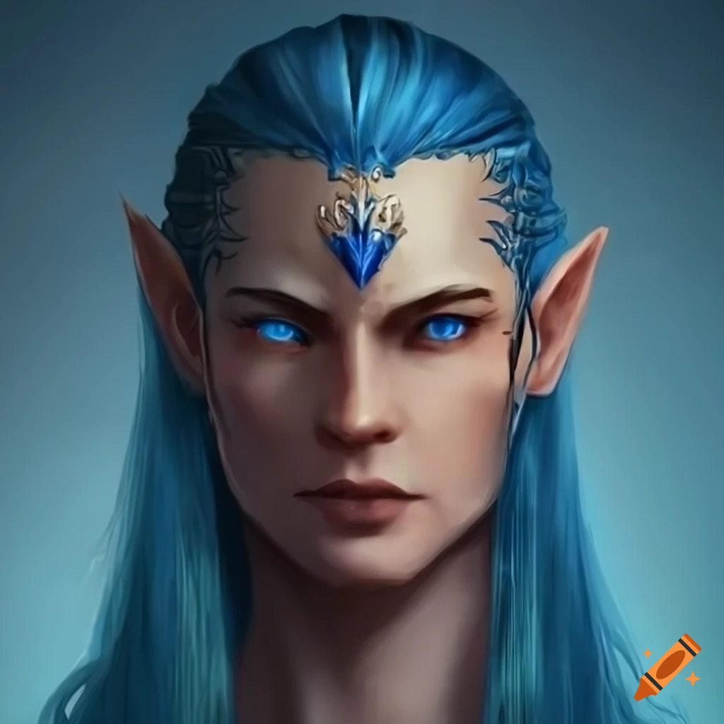 Realistic depiction of an elven king with blue hair and golden clothing ...