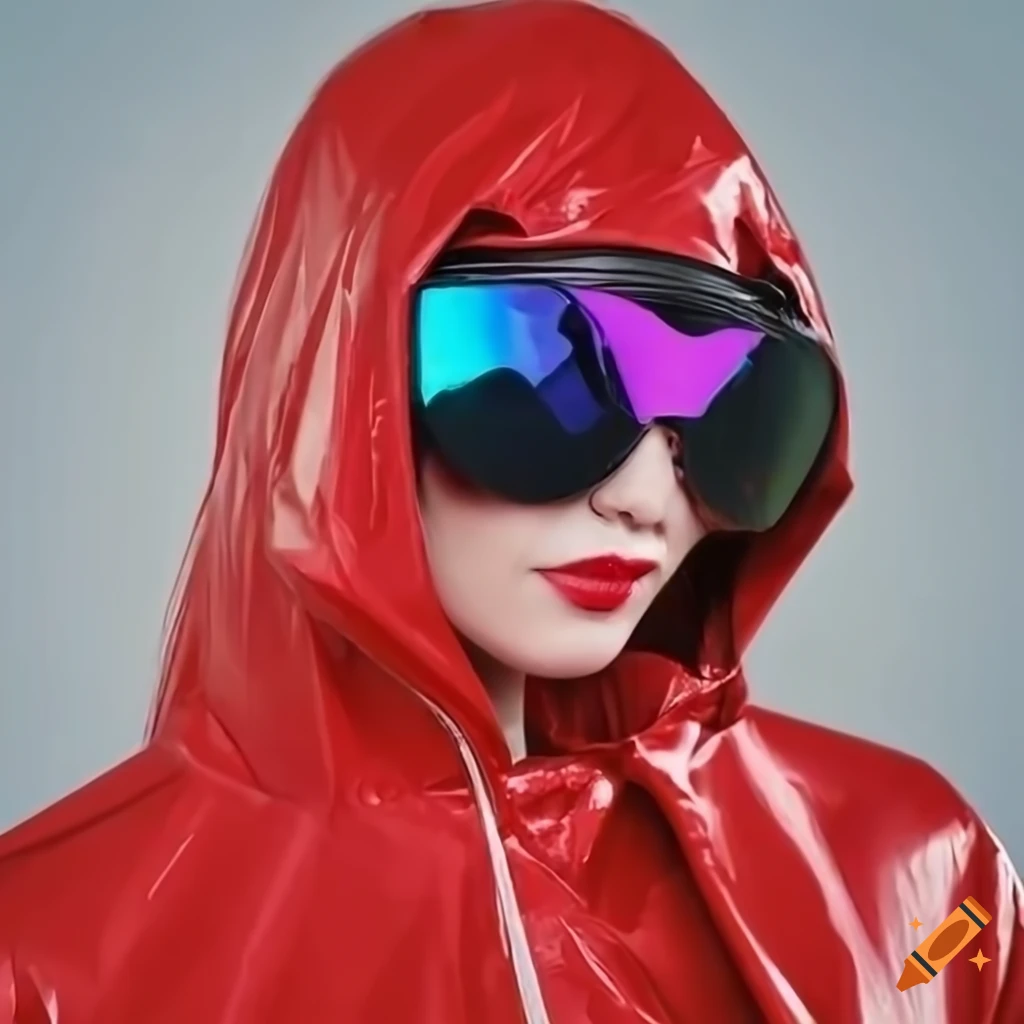 Fashionable woman wearing a red rubber raincoat and mask on Craiyon