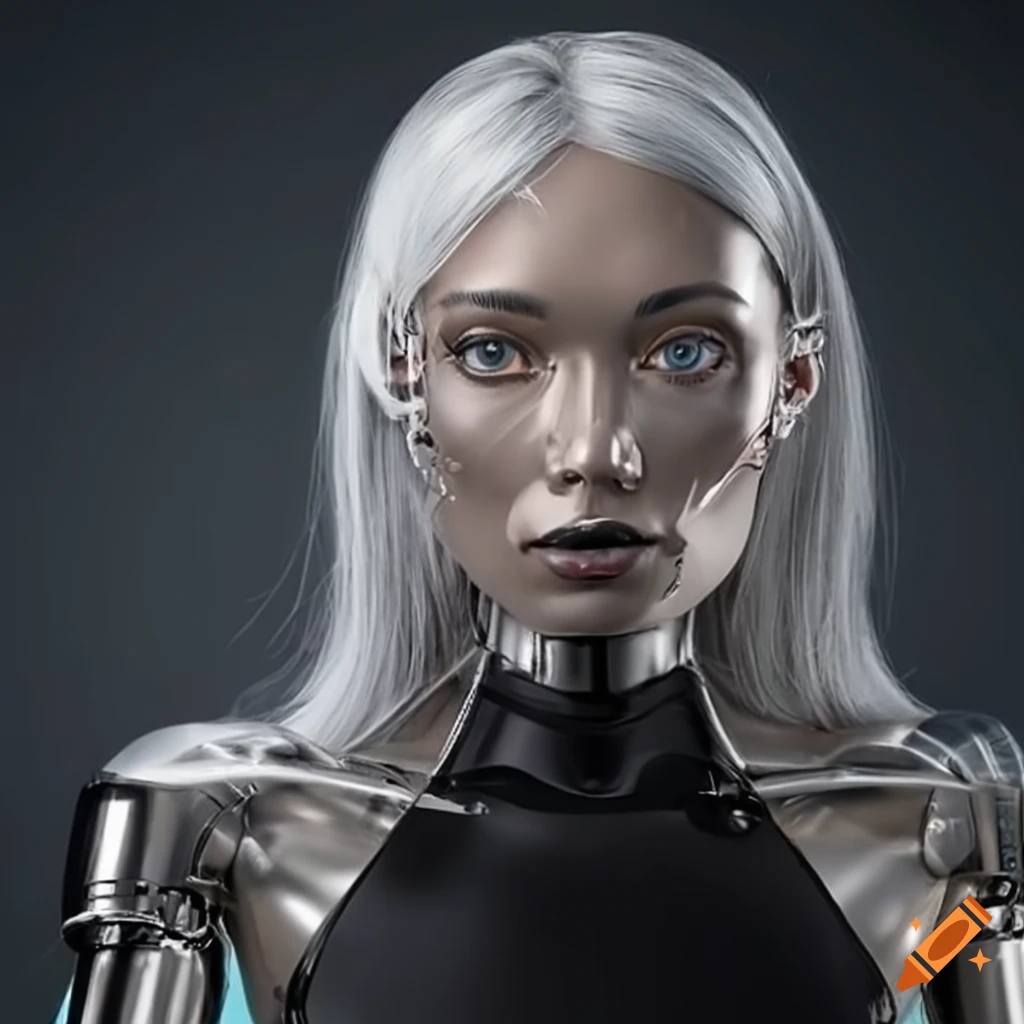 Image of silver female robots with silver hair on Craiyon