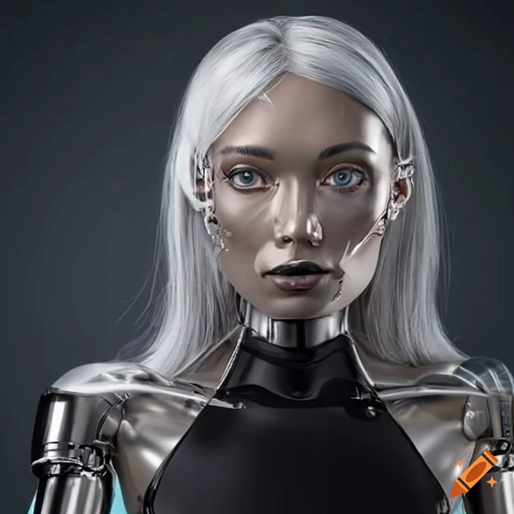 image of silver female robots with silver hair