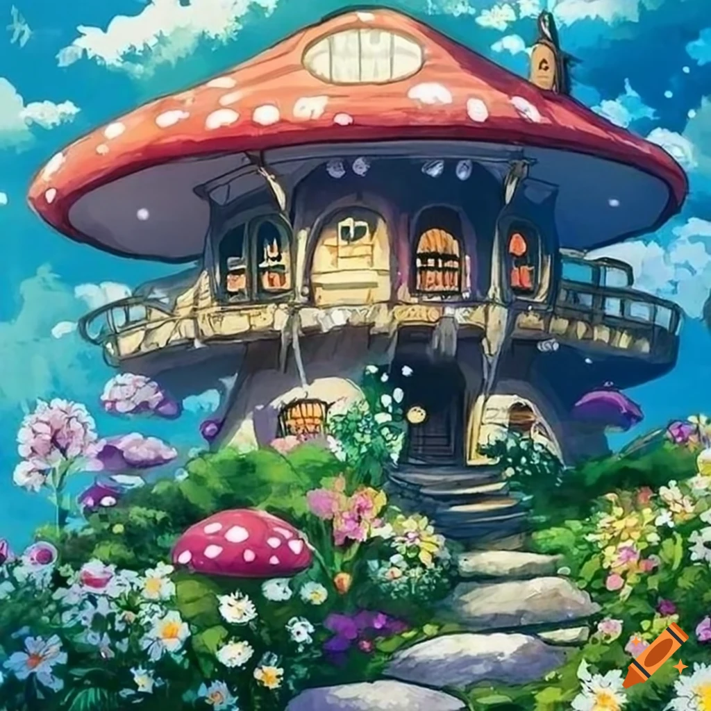 Illustration of a mushroom house in a flower garden on Craiyon