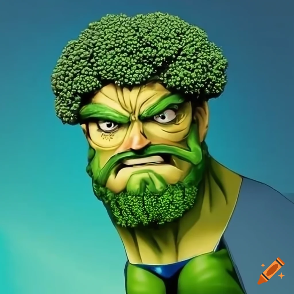 Cartoon character of a superhero broccoli man on Craiyon