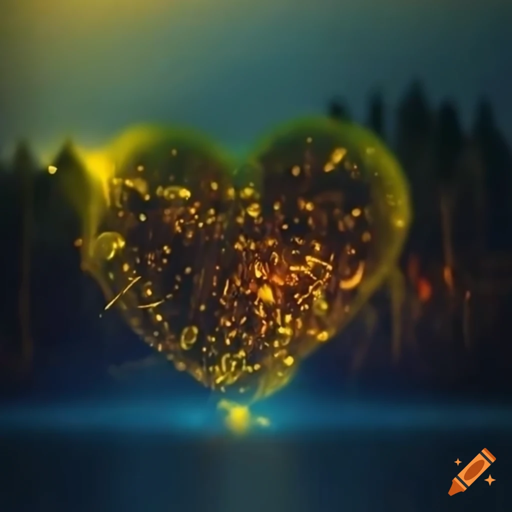 fireflies forming a heart over a lake