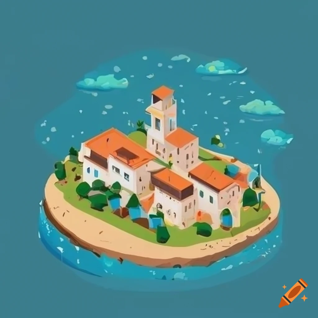 isometric painting of a coastal town with a beach