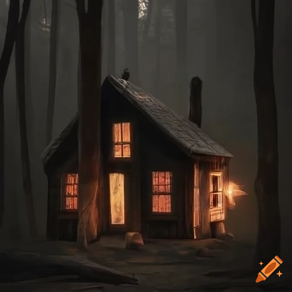 dark academia style cottage shack in the deep woods