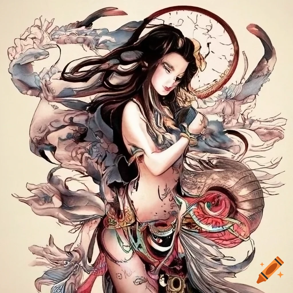 manga-style Benzaiten goddess tattoo design