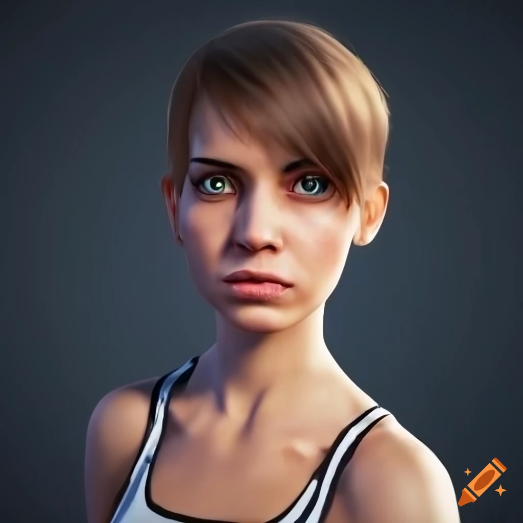 portrait of a young woman with short brown hair and angry smile