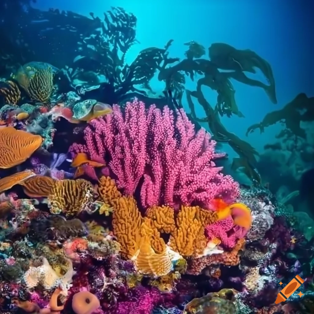 Colorful coral reef with diverse seaweed species
