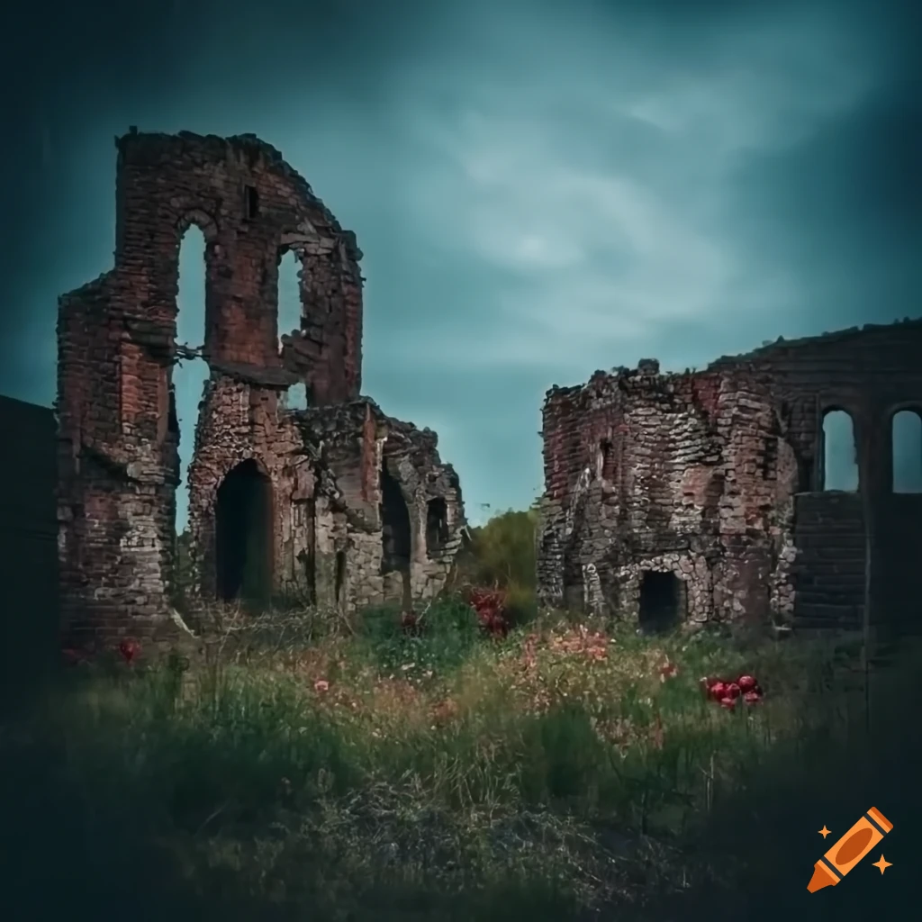 image of a thorny bush with red berries in a desolate ruins