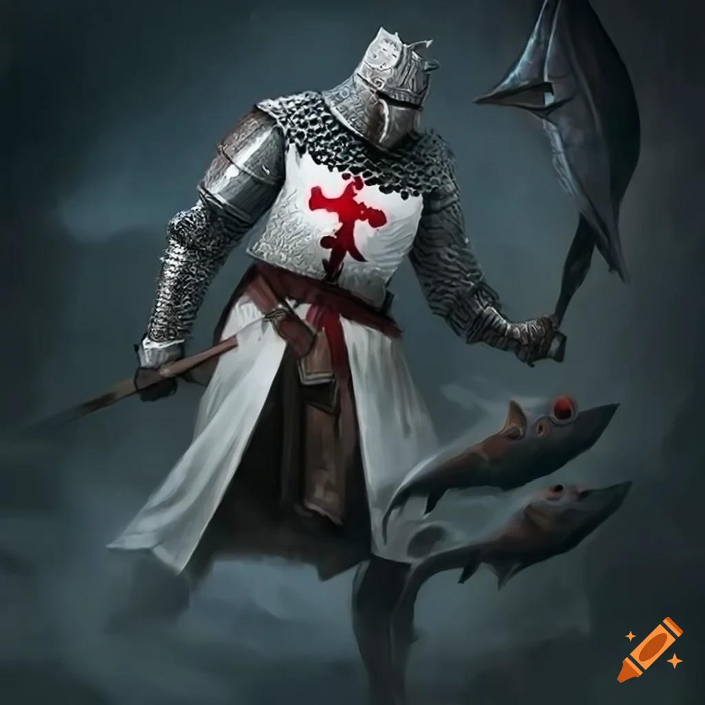 illustration of a Templar knight battling a fish