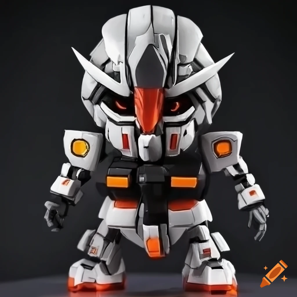 chibi-style black and orange Gundam robot with ninja armor