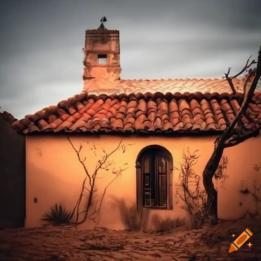 Exterior of a spanish style house on a dirt lot