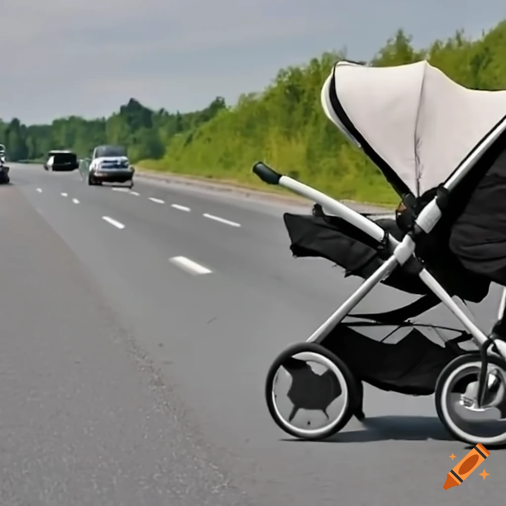 stroller with a baby on a highway