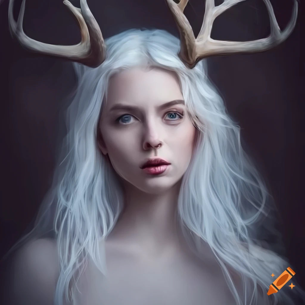 portrait-of-a-woman-with-white-hair-and-antlers-on-craiyon