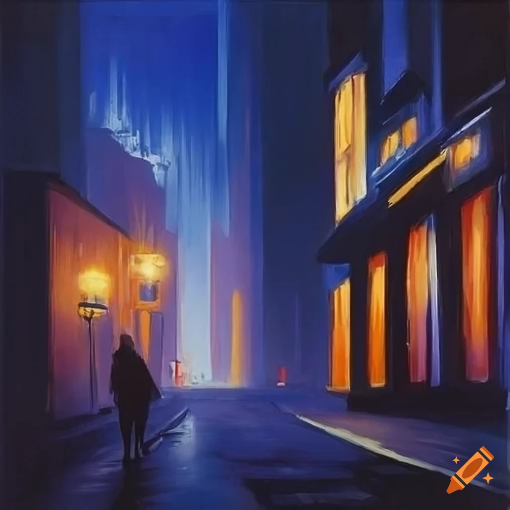 Masterpiece painting of a lone person walking in the city streets at night